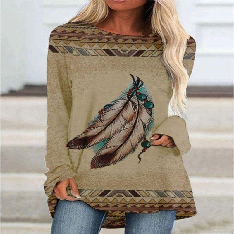 New 3D Ethnic Tribal Style Printed Round Neck Women's T-shirt Long-sleeved Bottoming Shirt Casual Loose Top Breathable Pullover