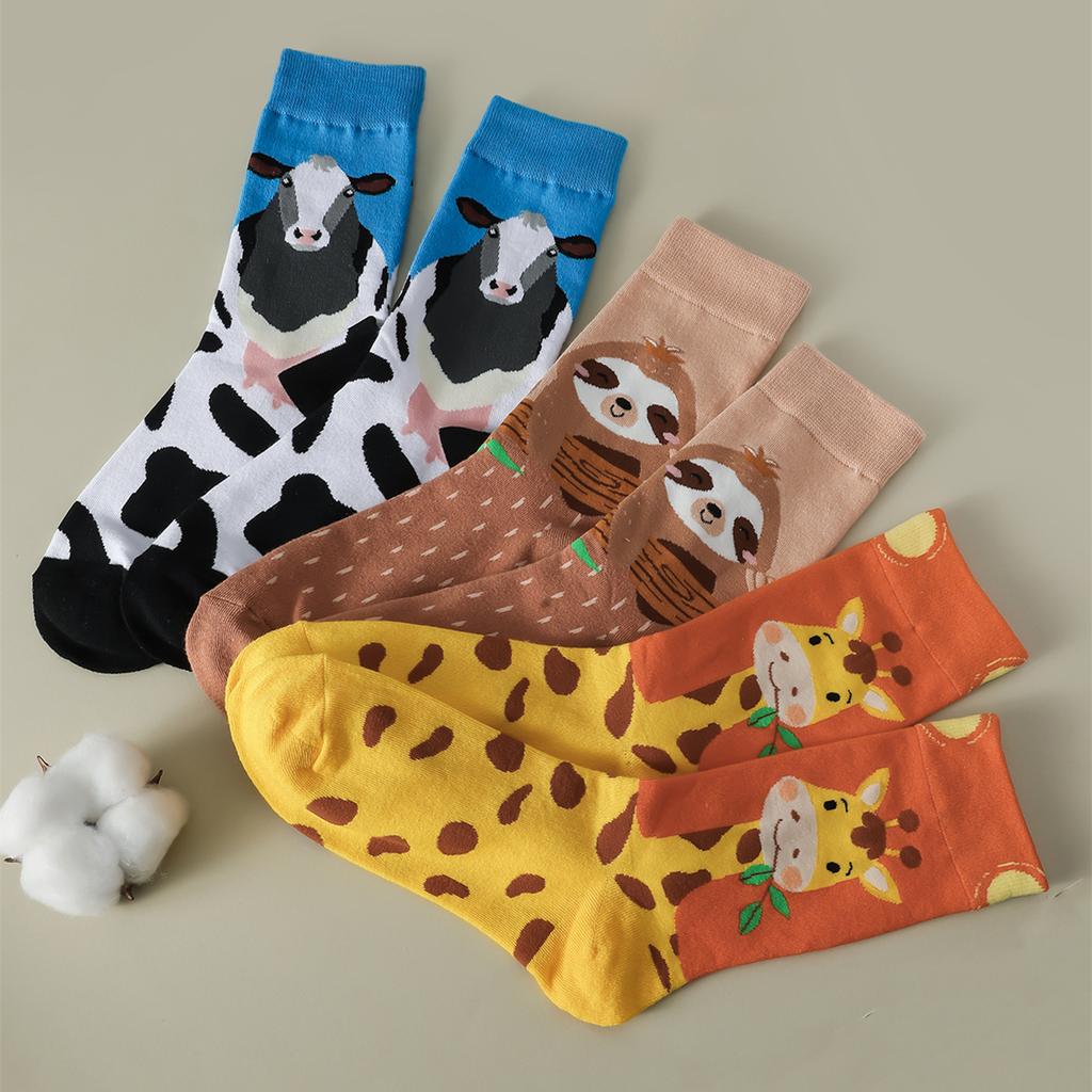 3 Pairs Women's Socks Koala Giraffe Cow Animal Pattern Cartoon Cute Socks Street Comfort Breathable Female Crew Socks Lot