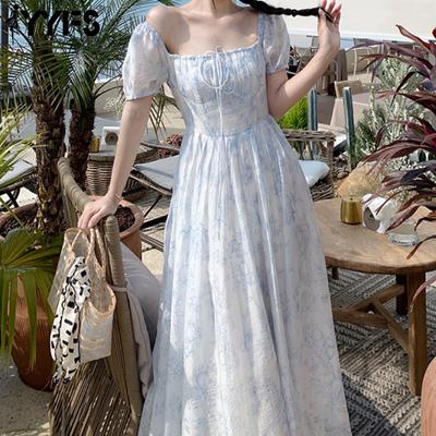 Abiti casual a vita alta con stampa floreale a maniche corte, colletto quadrato, moda estate primavera