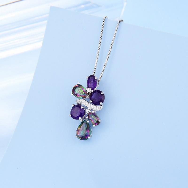 Light Luxury Gemstone Necklace Pendant, Female Personality Design Sense S925 Silver Inlaid Colored Crystal Pendant