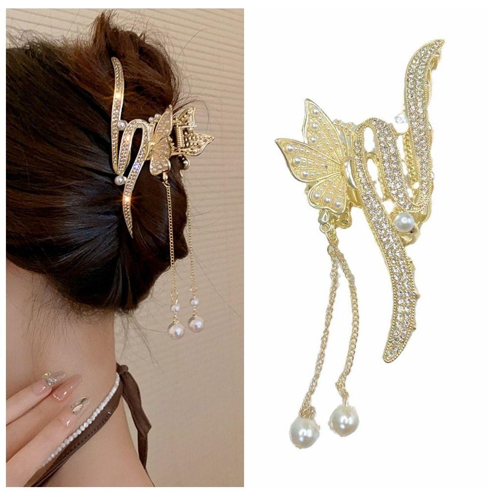 

Diamond Butterfly Tassel Hair Claw Pearl Temperament Party