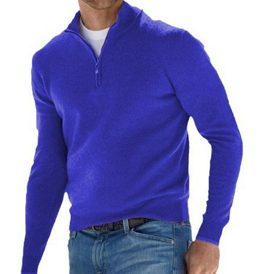 Men's Autumn Long Sleeve V-Neck Wool Polo Shirt with Plush Zipper