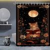 1pc Elegant Cat Reading Book Shower Curtain - Black & Golden Artistic Bathroom Decor with Tabby Cat, Moon & Stars Floral Patte