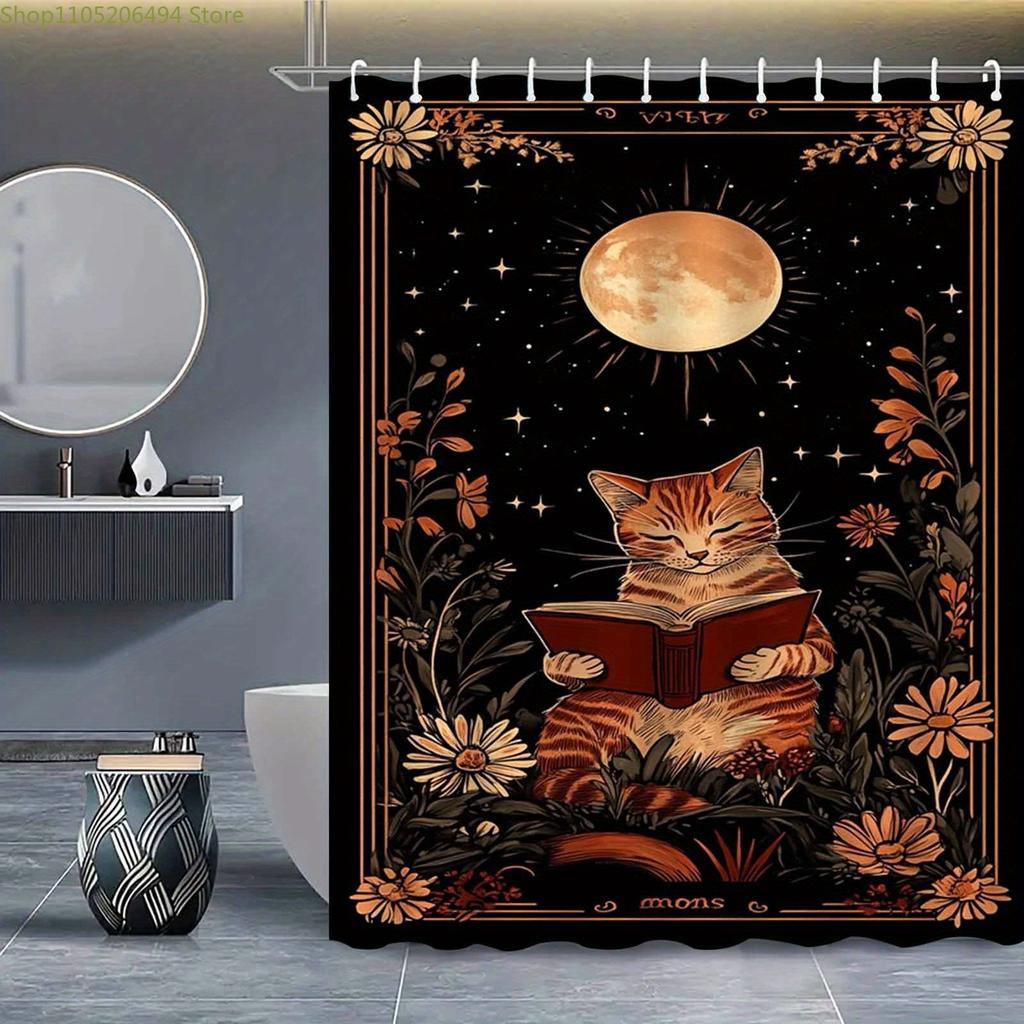 1pc Elegant Cat Reading Book Shower Curtain - Black & Golden Artistic Bathroom Decor with Tabby Cat, Moon & Stars Floral Patte