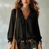 TIFICY Women's Fashion Casual Spring Autumn Solid Color Print Long Sleeve V-Neck Blouses & Shirts