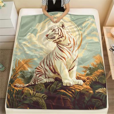 White Tiger  Print Flannel Blanket, High Quality Comfortable for All Seasons, Home Decor, Warmth and Comfort