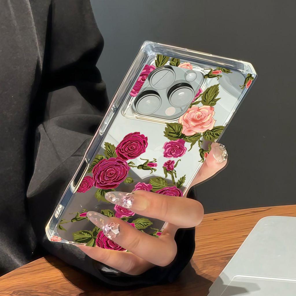 Square Back Tube Protection Clear Case For iPhone 11 13 16 ProMax 15 Plus 14 Pro Max 12 Anti-Oxygen,Full Screen Rose Pattern Casing