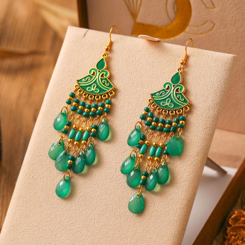 Bohemian Ethnic Style Earrings for Women Long Vintage Drop Glaze Rice Bead Water Drop Earrings Vacation Party Wedding Jewelry
