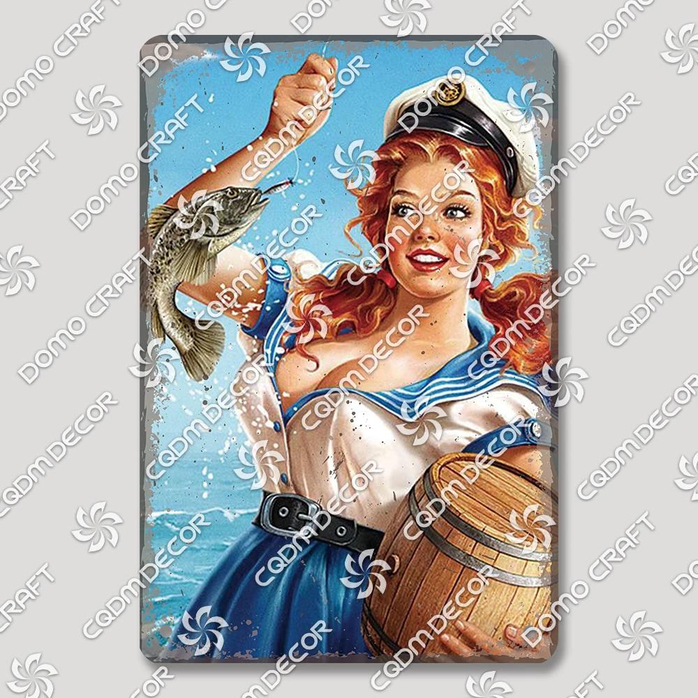 Vintage Znak Metalowy Blaszany Dziewczyny Wędkujące Retro Kobieta z Psami Dekoracja Ścienna dla Klubu Wędkarskiego Dom Wiejski