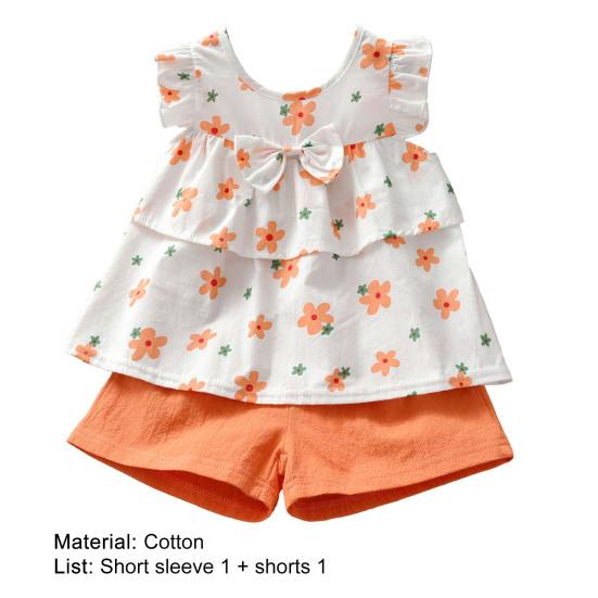 2Pcs/Set Baby Shirt Set Flower Print Breathable Sleeveless Girls Tops Shorts Kit for Summer