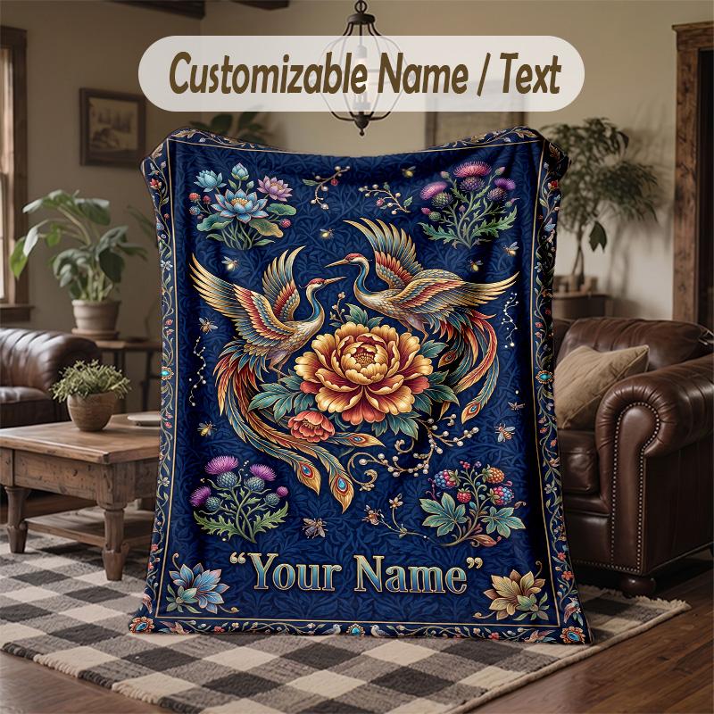 Egyptian Flower Art Theme Throw Blanket Custom Name Text Personalized Blanket Soft Cozy Blanket for Home Sofa Bed