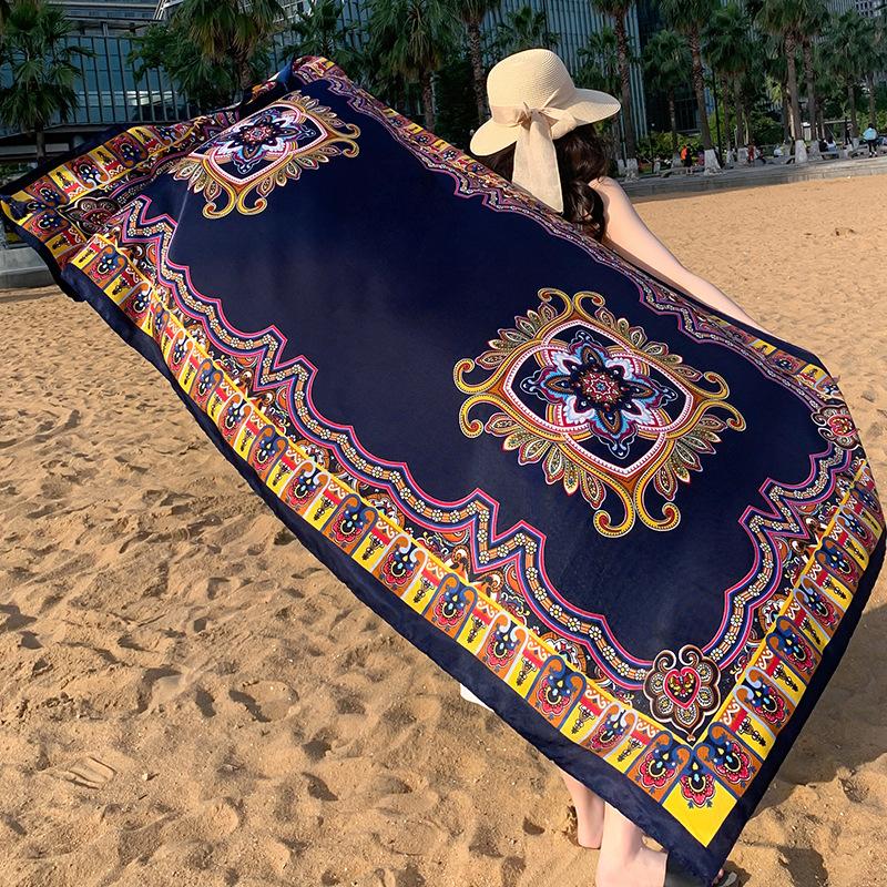180Cmflower Printed Silk Scarf Ethnic-Style Twill Cotton Scarf Multi-Functional Travel Sun Protection Shawl Women'S Headscarf