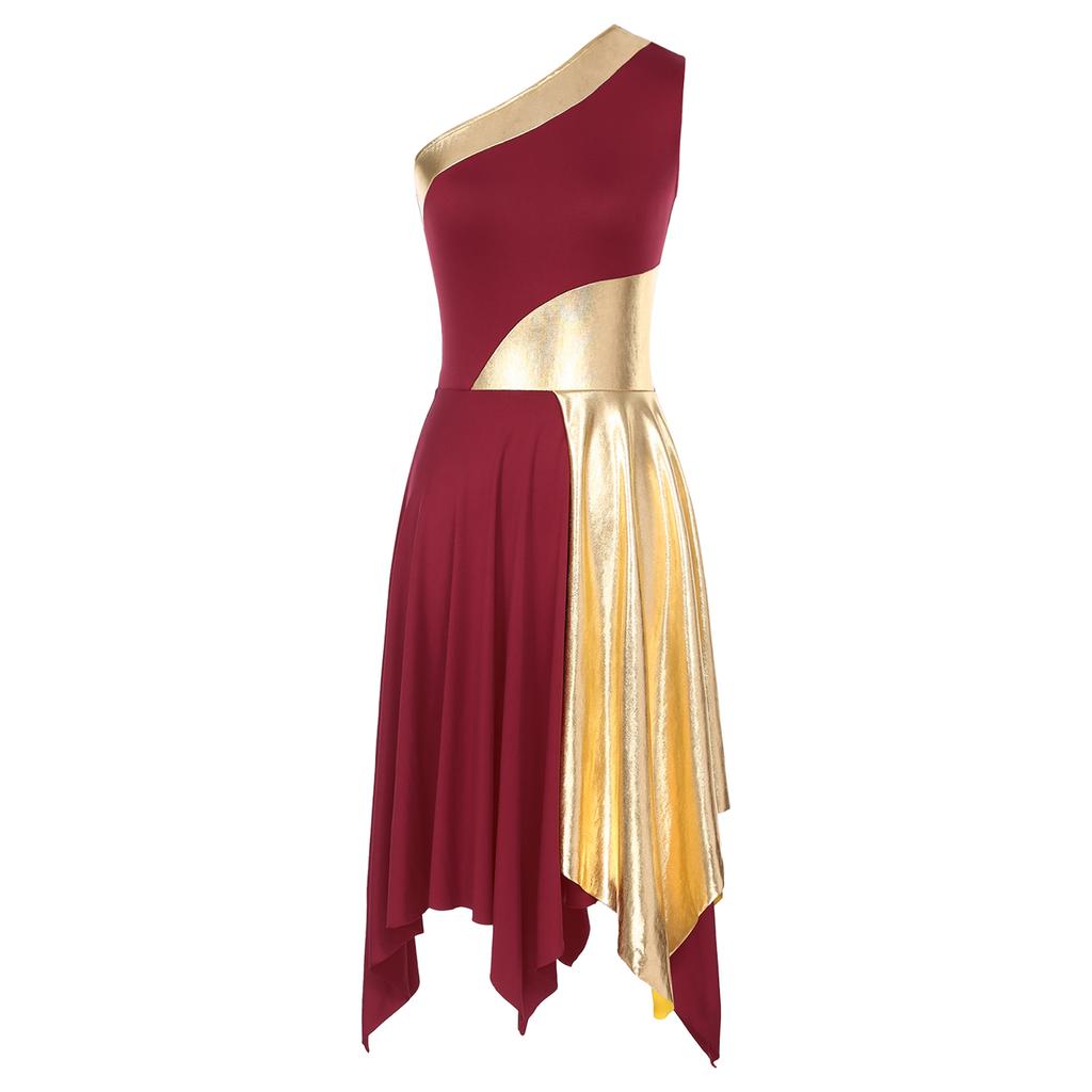 Womens Metallic Worship Praise Dance Dress Color Block One Shoulder Irregular Hem Sleeveless Dresses Performance Costume