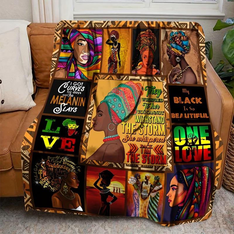 Cozy Vintage Flannel Throw Blanket Empowering African Design Soft Warm Blanket All Season Blanket For Couch Bed Black Girls Gift