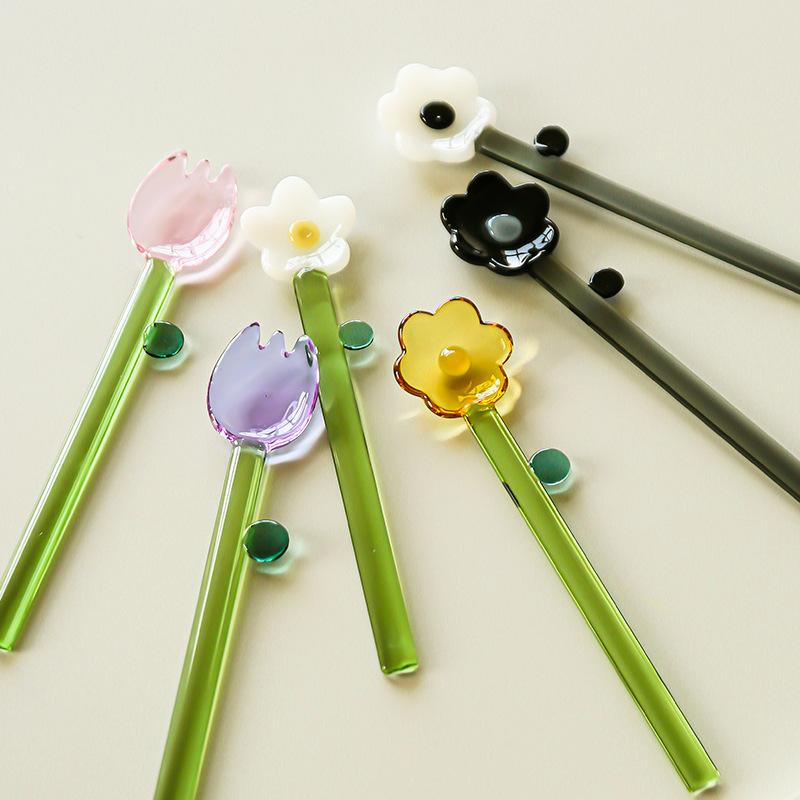 6Pcs/Set Glass Spoons High borosilicate Flower Sunflower Tulip Colorful Tea Coffee Spoons Long Handle Mixed Spoon