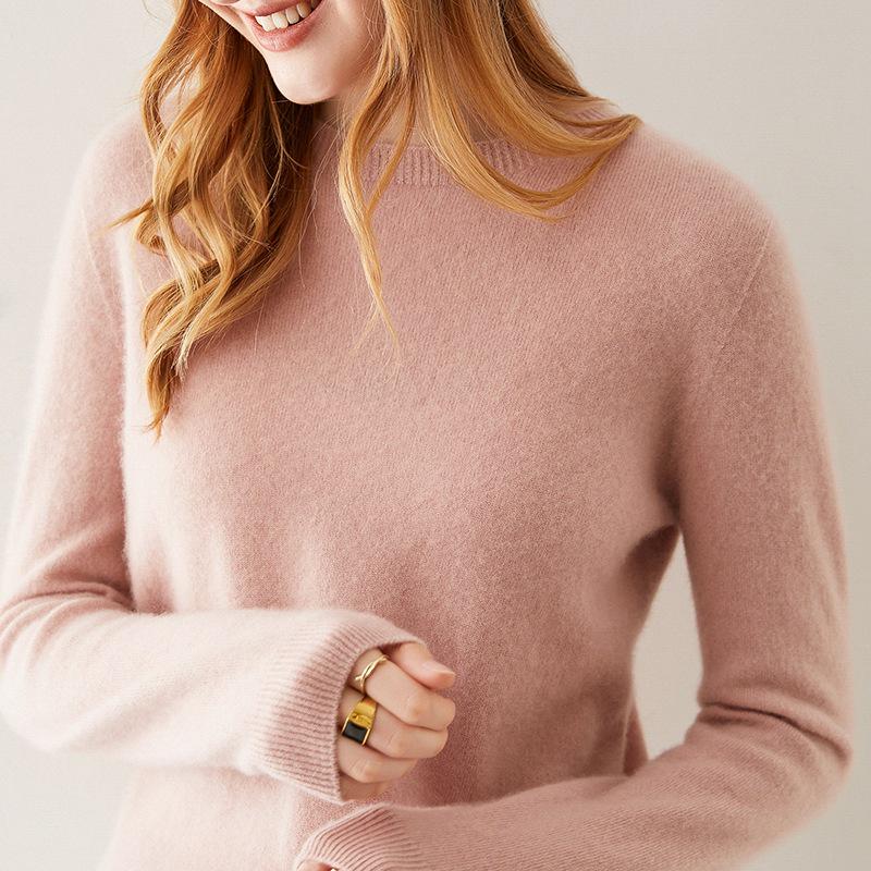 Women's 100% Pure Cashmere Round Neck Sweater - Seamless Long Sleeve Knit for Autumn/Winter
