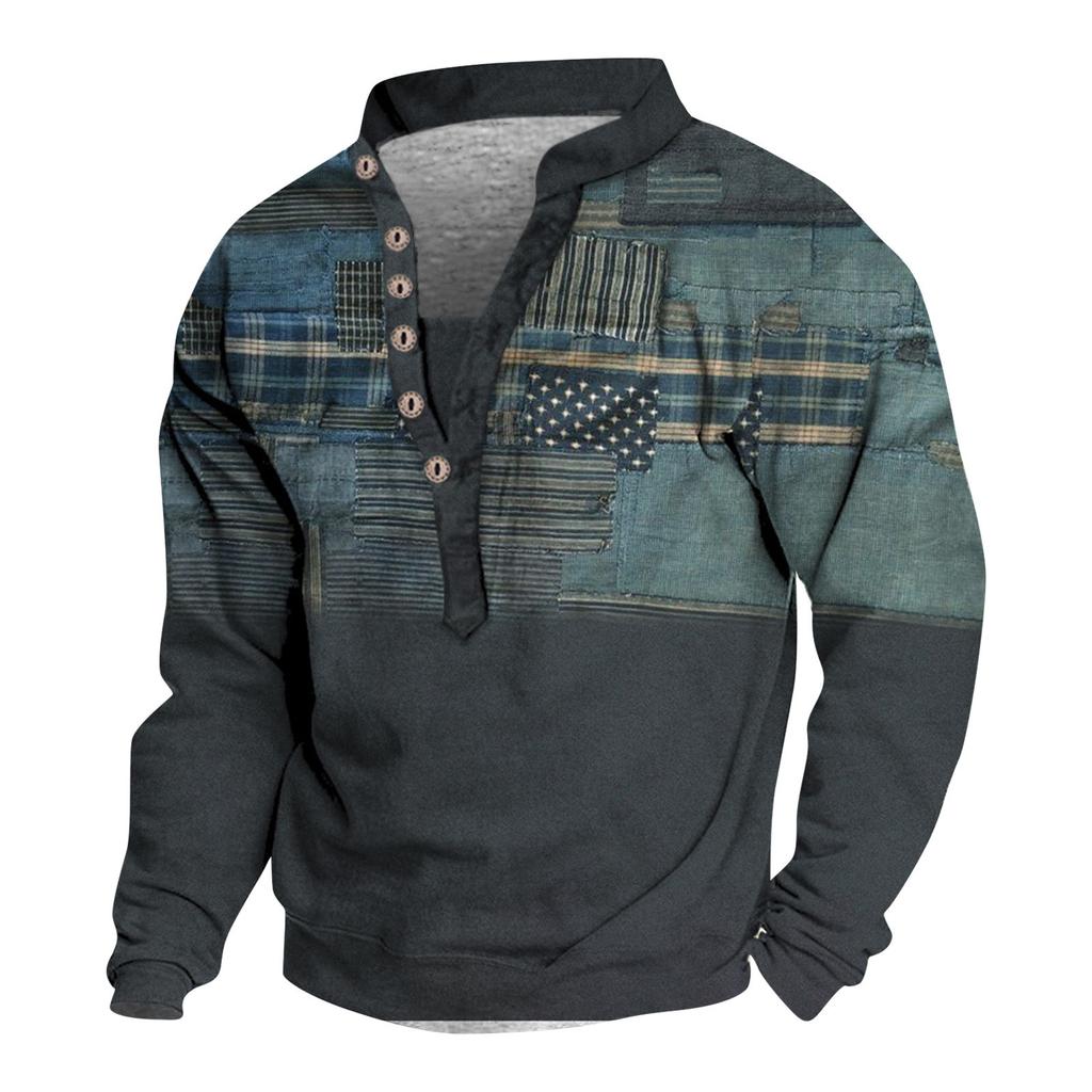 Pullover mit V-Ausschnitt für Herren, 3D-Digitaldruck, Stehkragen, 6 Knöpfe, Vintage-Kragen