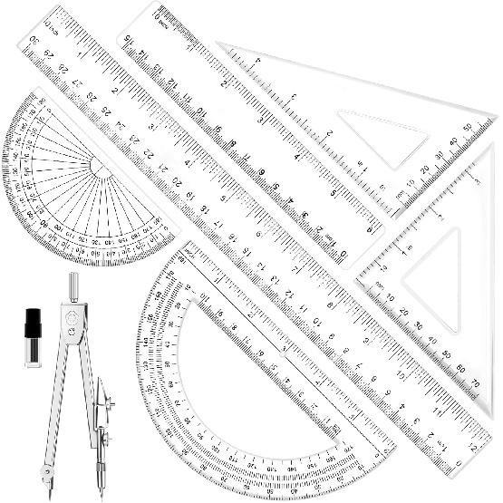 Geometry Set - 7Pcs Geometry Kit with Clear Plastic Ruler 12Inch & 6Inch, Triangle Ruler, Protractor and Compass Set for School Office Math Drawing