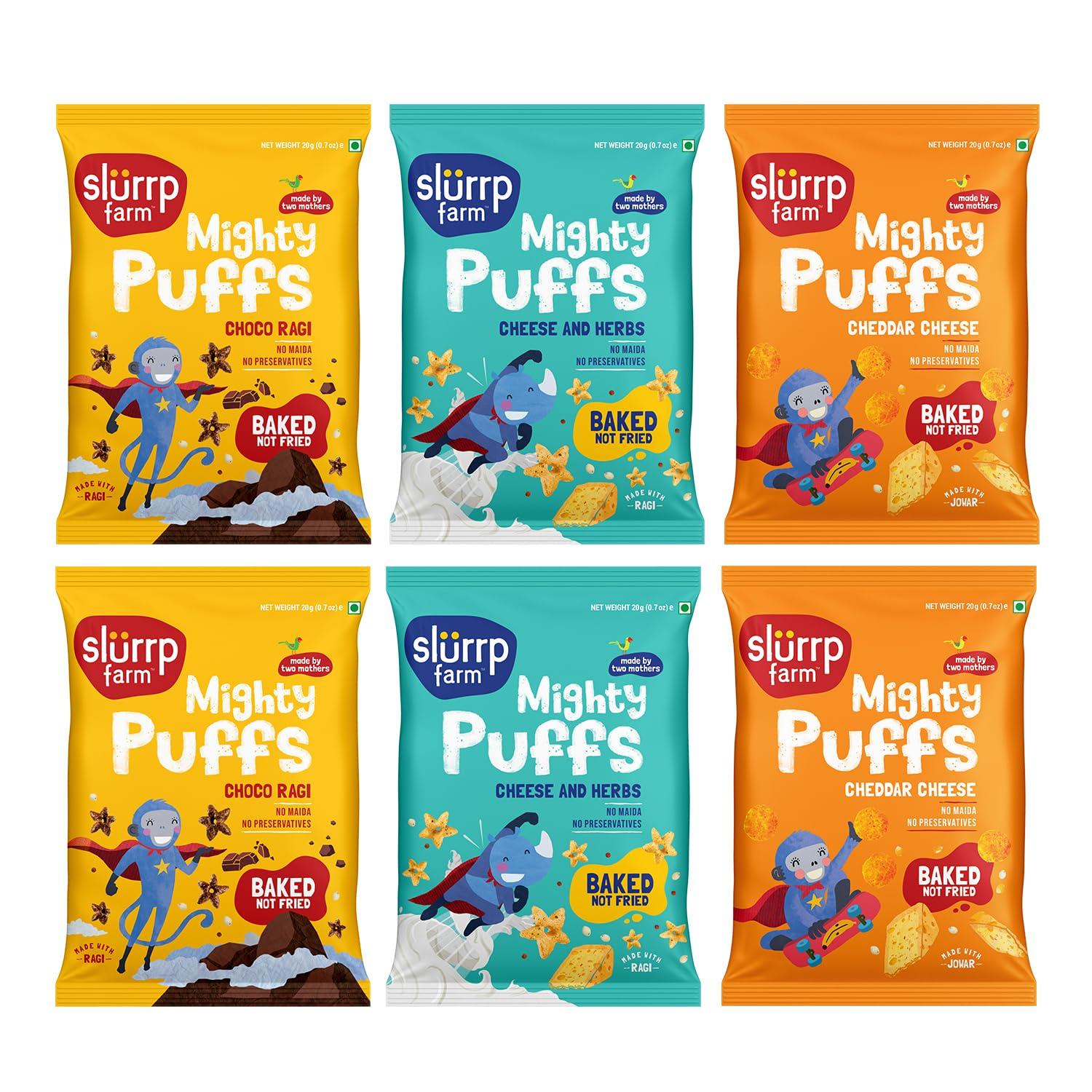 Slurrp Farm Mighty Jowar Puffs | Khatta Meetha, Mild Masala, Cheddar Cheese, Tangy Tomato, Choco Ragi, Cheese & Herbs | Not Fried, No Maida | Hea