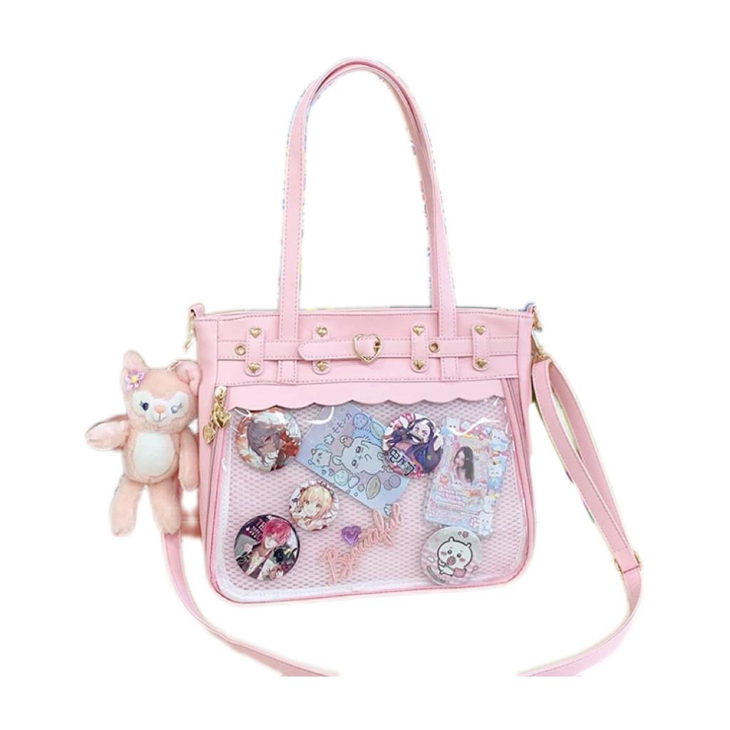 Color Solid Heart Shaped Decor Women Tote Bag With Transparent Compartment