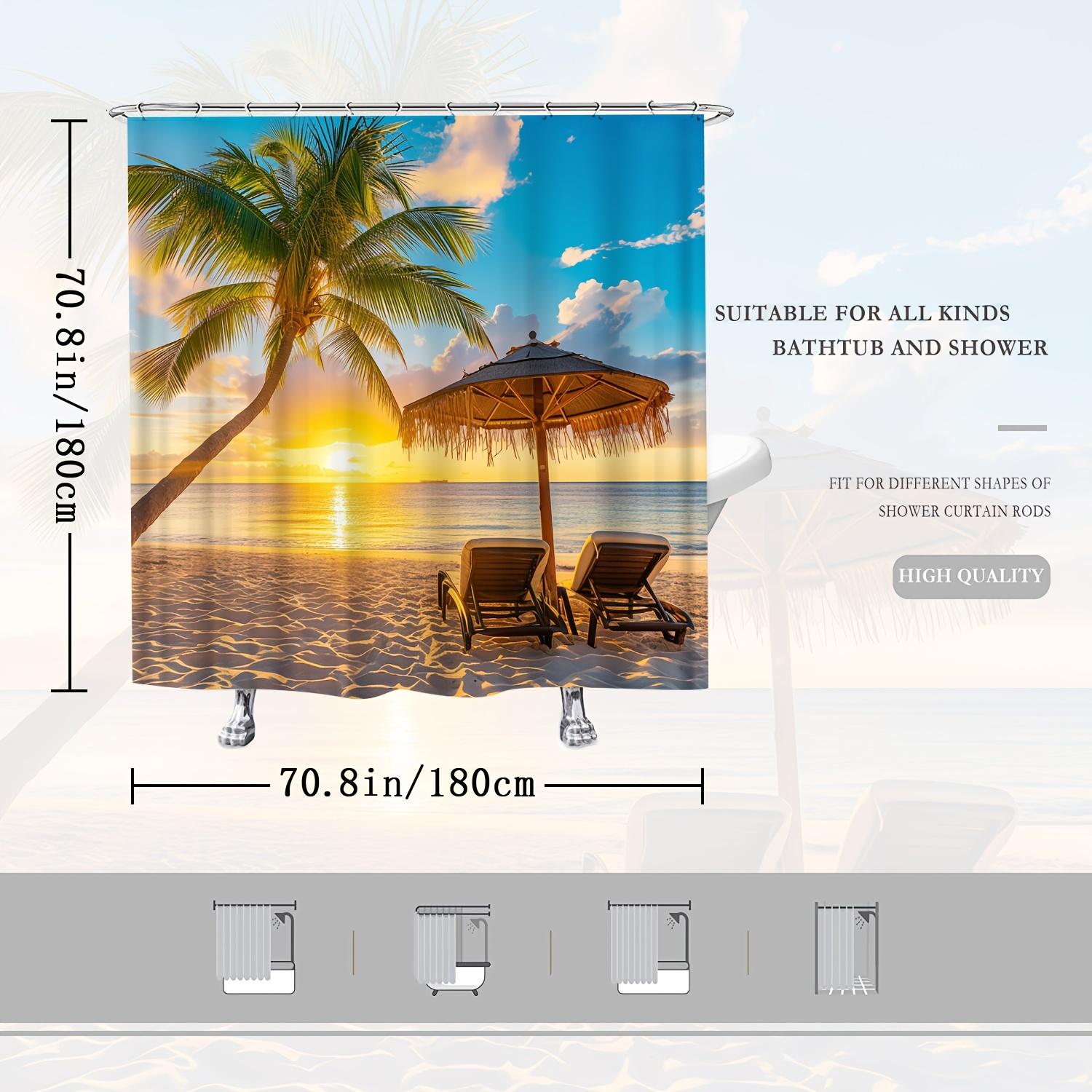 

Sunset Beach Scenic Shower Curtain With Palm Trees And Ocean View - Durable Woven Polyester Bath Curtain With 12 Hooks, Washable W60H190(CM)-1 Pcs