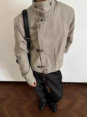 Vintage Distressed Flugzeug Schnalle Revers Jacke, Unisex Frühling/Herbst Retro Kurz Breit Arbeitskleidung Stil
