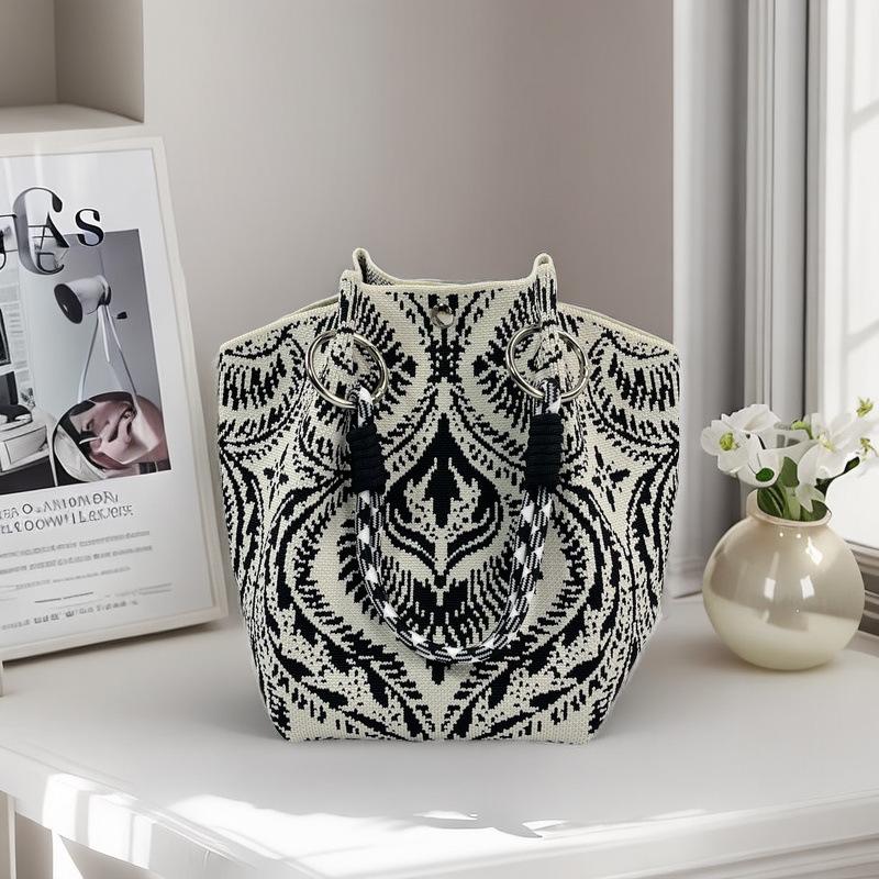 Knitted Tote with Woven Ring Buckle, 3D Magnetic Snap Handbag & Clutch