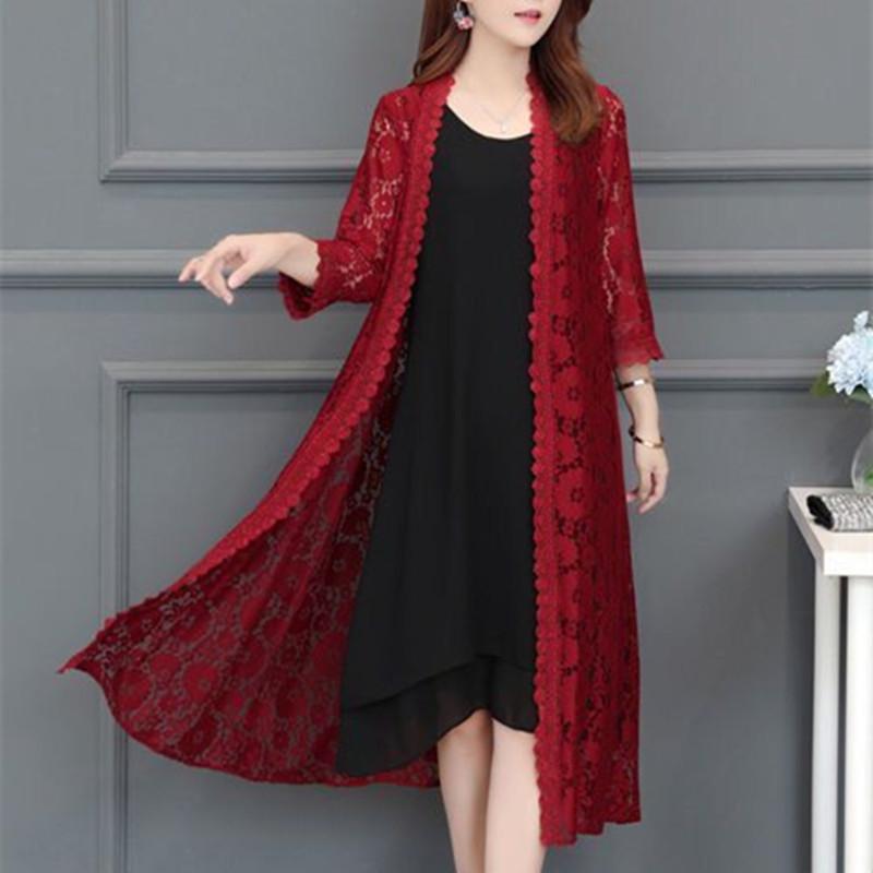 Cárdigan de encaje para mujer de longitud media, chal de malla de verano, holgado, hasta la rodilla, ropa de protección solar, chaqueta para mujer, camisa, prenda de abrigo