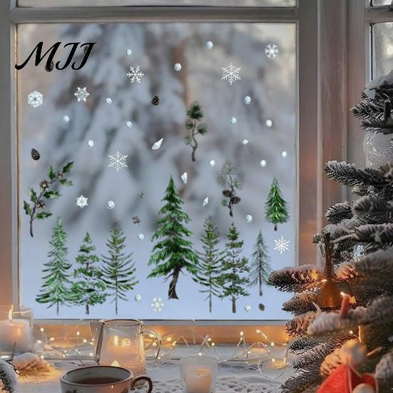 Easy Clean Wall Decals for Bedroom Christmas Tree Window Clings, Green Pine Trees Snowflake Decals, Winter Decorative Adhesive Free Film Reusable PVC