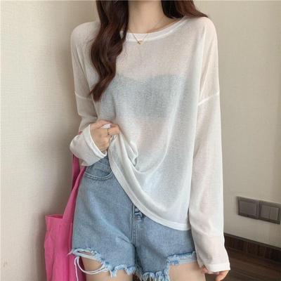 Damen T-Shirt im koreanischen Stil aus Eis-Seide mit Sonnenschutz, locker, langärmlig