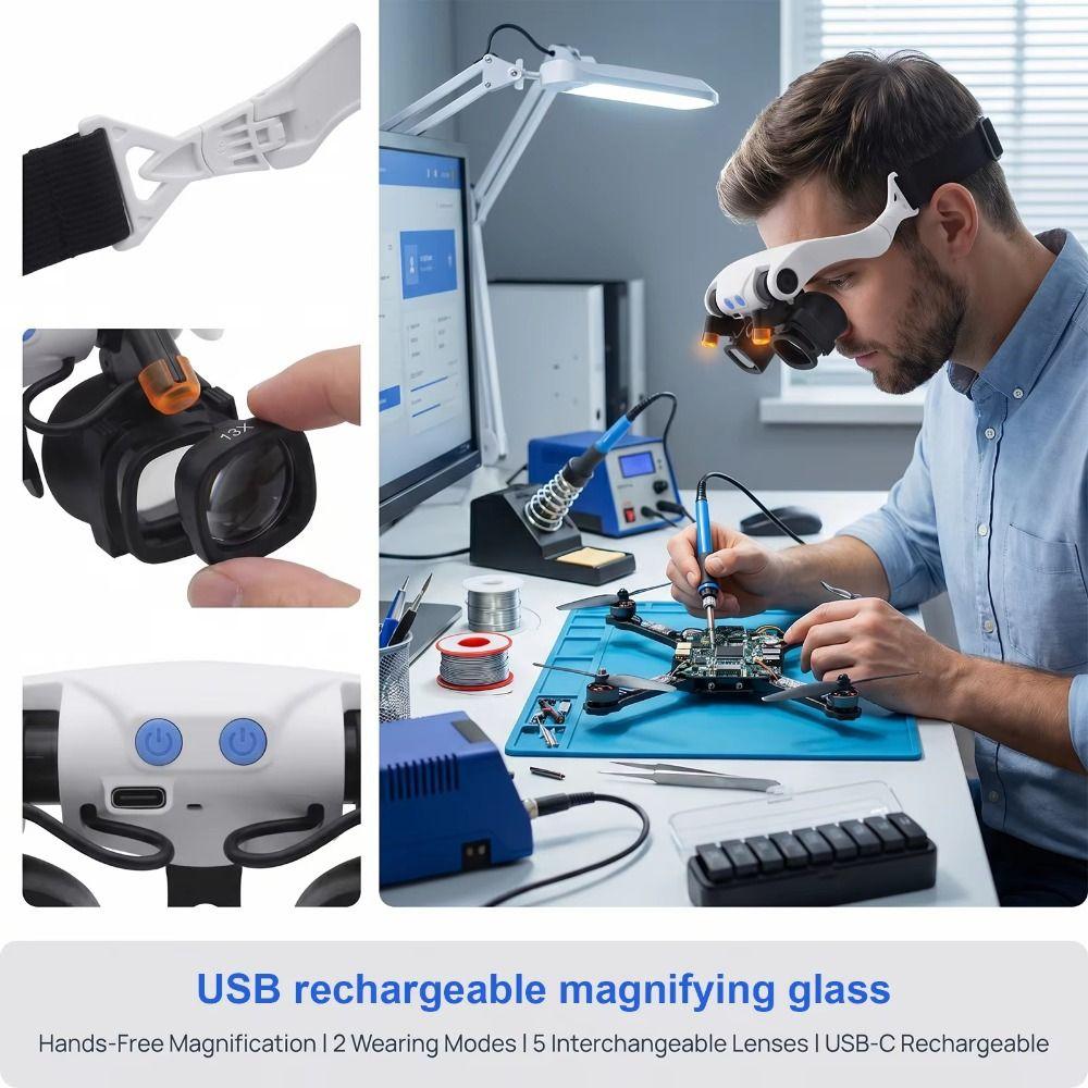 Professional LED Magnifying Glasses Rechargeable Jewelers Repair Wearing Magnifier  Jewelers