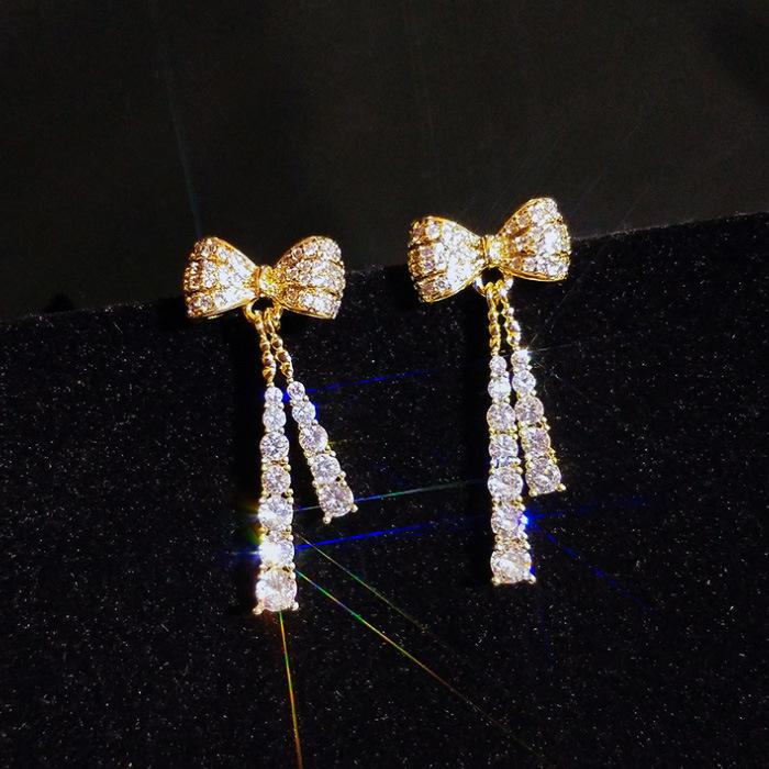 Full Diamond Long Bow Earrings Sweet Girl Stud Earrings Super Fairy Mori Ear Jewelry