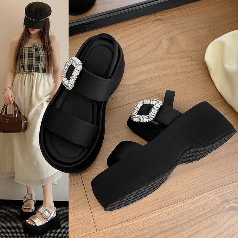 

2025Women s Summer Sandals Luxury Crystals Shoes Flat-Bottomed Open Toe Platform Shoes Outer Wear Sandals Size 35 чёрный