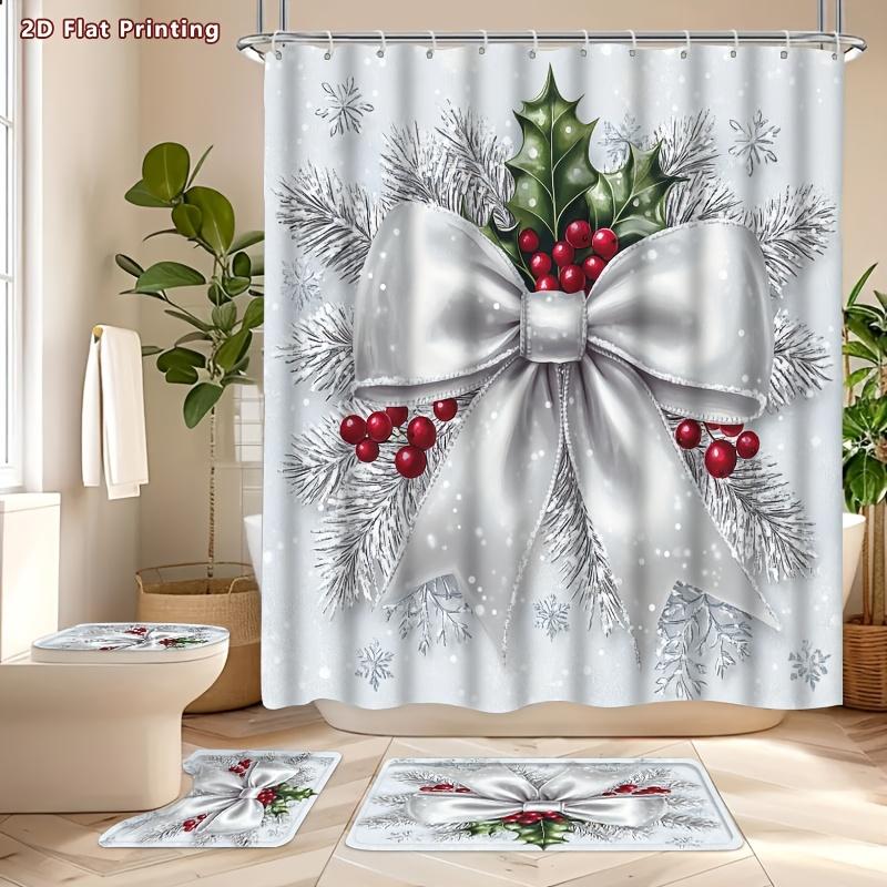 4Pcs 2D Flat Christmas Gift Shower Curtain Set with Non-Slip Bath Mat, Toilet Lid Cover, Contour Rug & 12 Hooks, Bathroom Decor