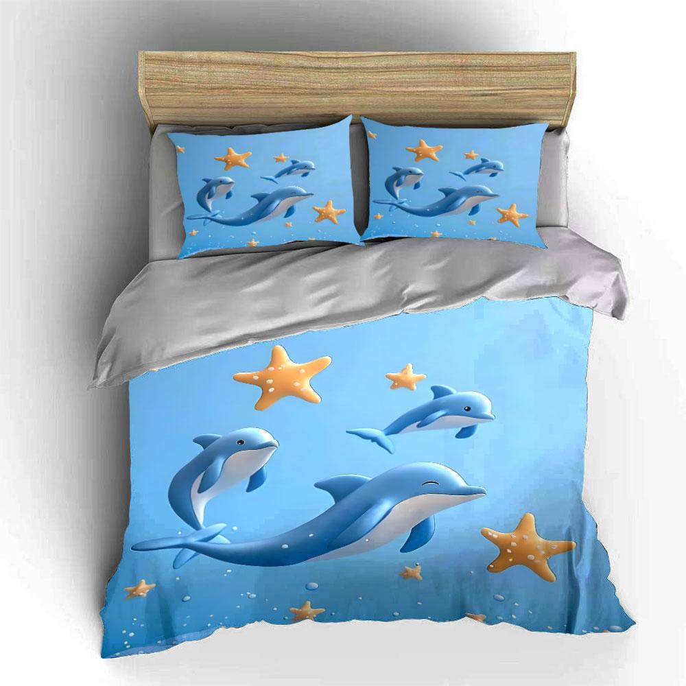 Cute Dolphin Starfish Decoration Set Bedding Set with 1 Duvet Cover 2 Pillowcases Single Double King Queen, Gift