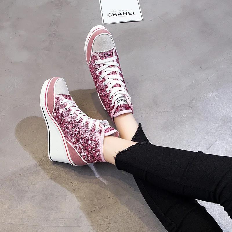 Fashion 8CM autumn Women Shoes Pink Black Silver Glitter Vulcanize Woman Platform Wedge Sneakers Casual Zapatos De Mujer