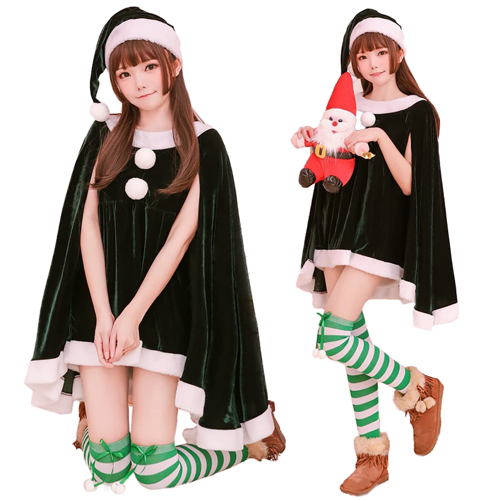 

Milky Time 3-Piece Christmas Santa Costume Set for Women, Adult Santa Claus with Poncho Sleeves (Green, Size M)