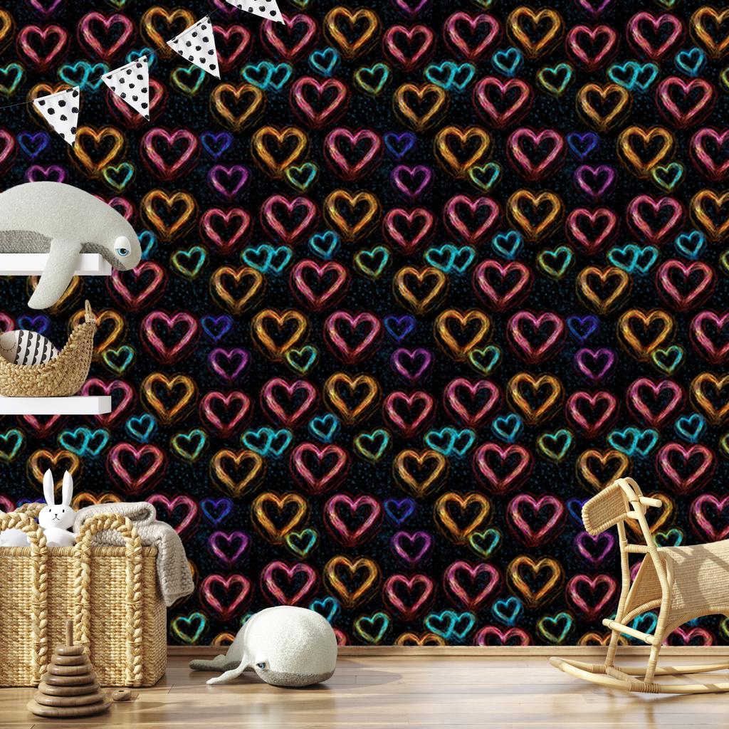 Neon Glitter Hearts Wallpaper Black, Burgundy and Ochre 50x1000