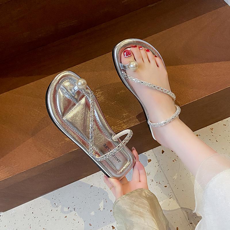 CRLAYDK Women's Slide Sandals Slip On Flat Beach Flip Flop Thong Casual Summer Rhinestone Ladies Ring Toe Travel Slippers