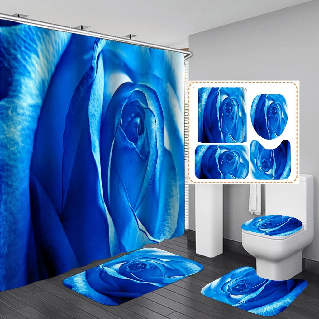 Rose Flower Waterproof Polyester Shower Curtain Set Nature Flowers Bathroom Curtains Set Non-Slip Bath Rug Toilet Cover Mat