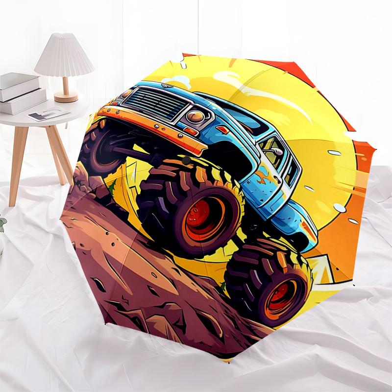 Monster Truck Themed Travel Umbrella 8 Ribs Automatic Opening and Closing, Portable Folding Design, Compact and Stylish Umbrella Suitable fo