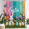 Cute Bunny Shower Curtain, Floral Colorful Eggs Wooden Plank Bowknot Bathroom Decorative Curtain, Waterproof Shower Curtain