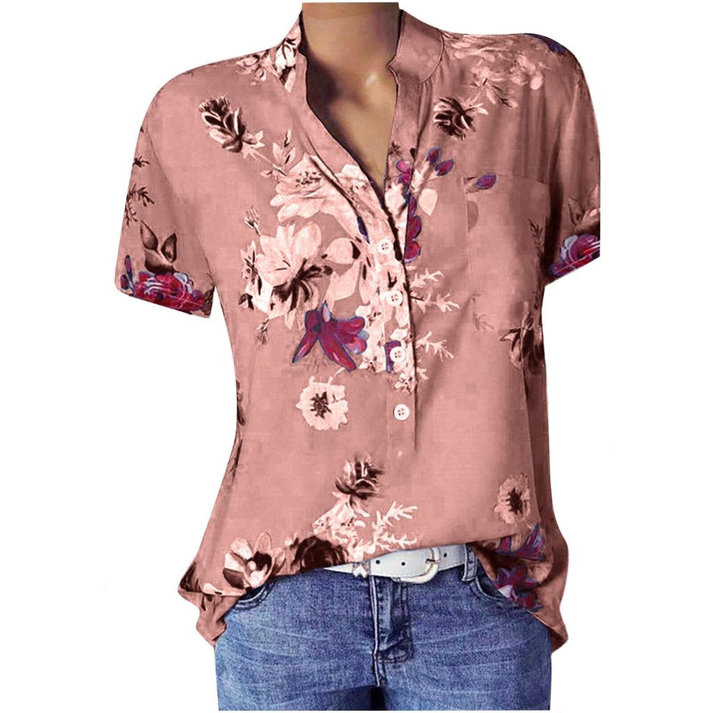 Women's Fashion Printed V-neck Short Sleeve Blouse, 10 Colors 8 Sizes Available Casual Summer Top