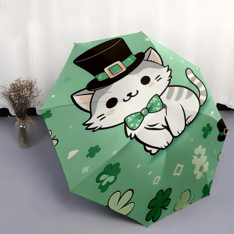 1pc cat shamrock umbrella automatic open/close, 8-Rib Durable Frame, Compact Folding Design, Ideal Birthday/Holiday Gift 1150A