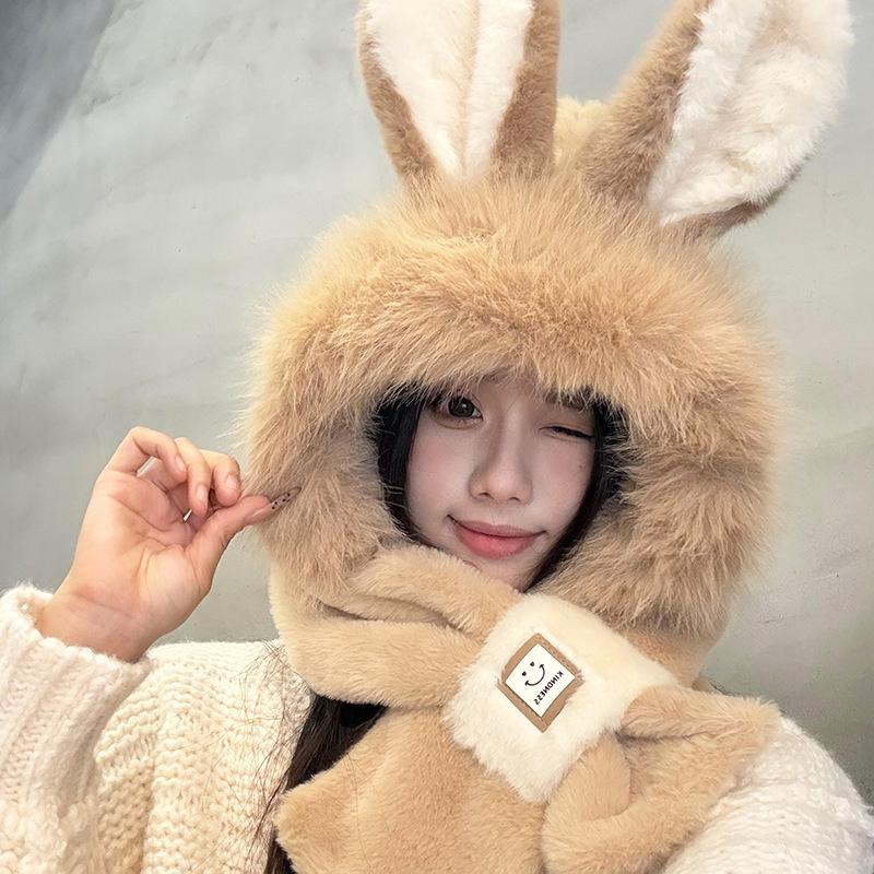 Rabbit Ears Hat Season Girl Scarf Gloves Integrated Hooded Scarf Cute Thickened Warm Plush Three-piece Set