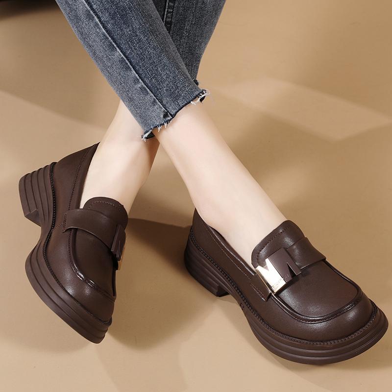 Retro Women Leather Shoes Low-cut Slip-on Loafers Waterproof Ladies Elegant Chunky Shoes for Walking Traveling Non-slip Soft Sole