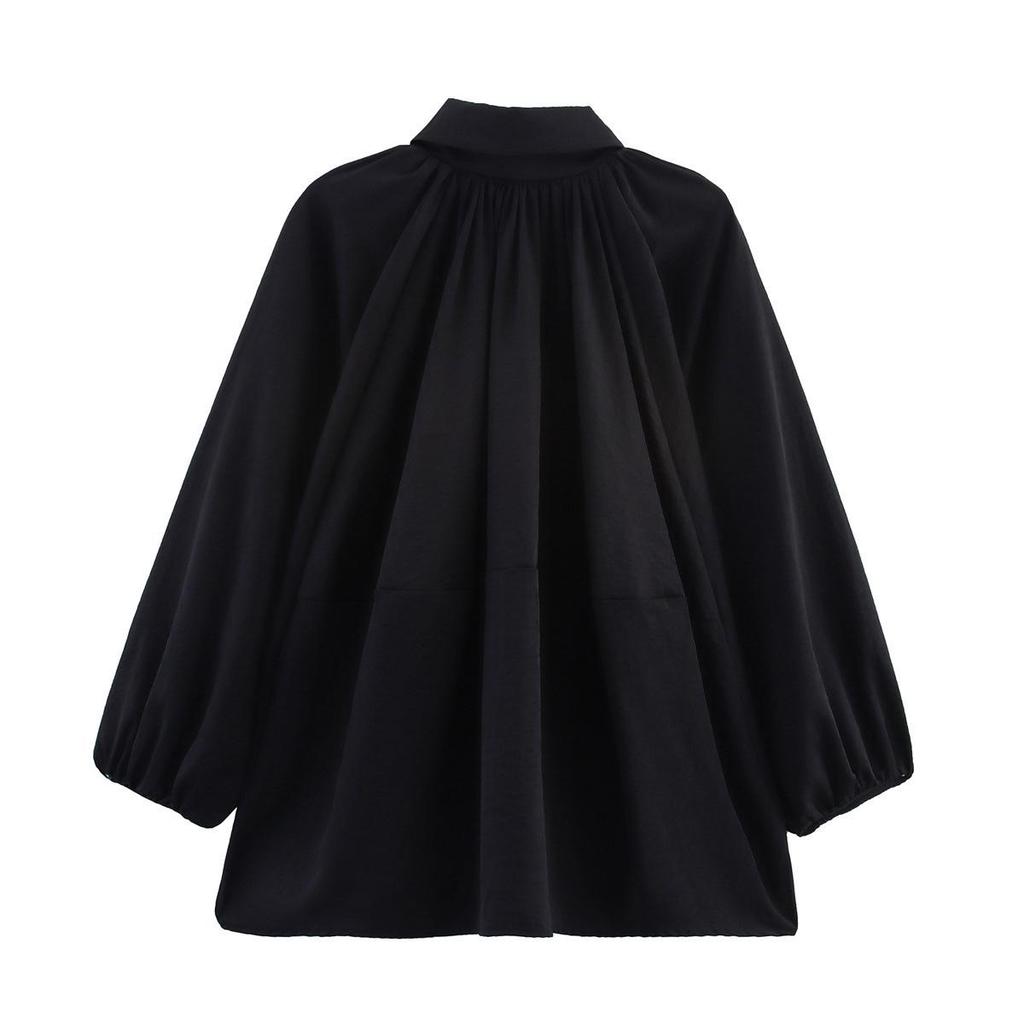 European and American Women's Loose Puff Sleeve Bomber Jacket with Turn-Down Collar