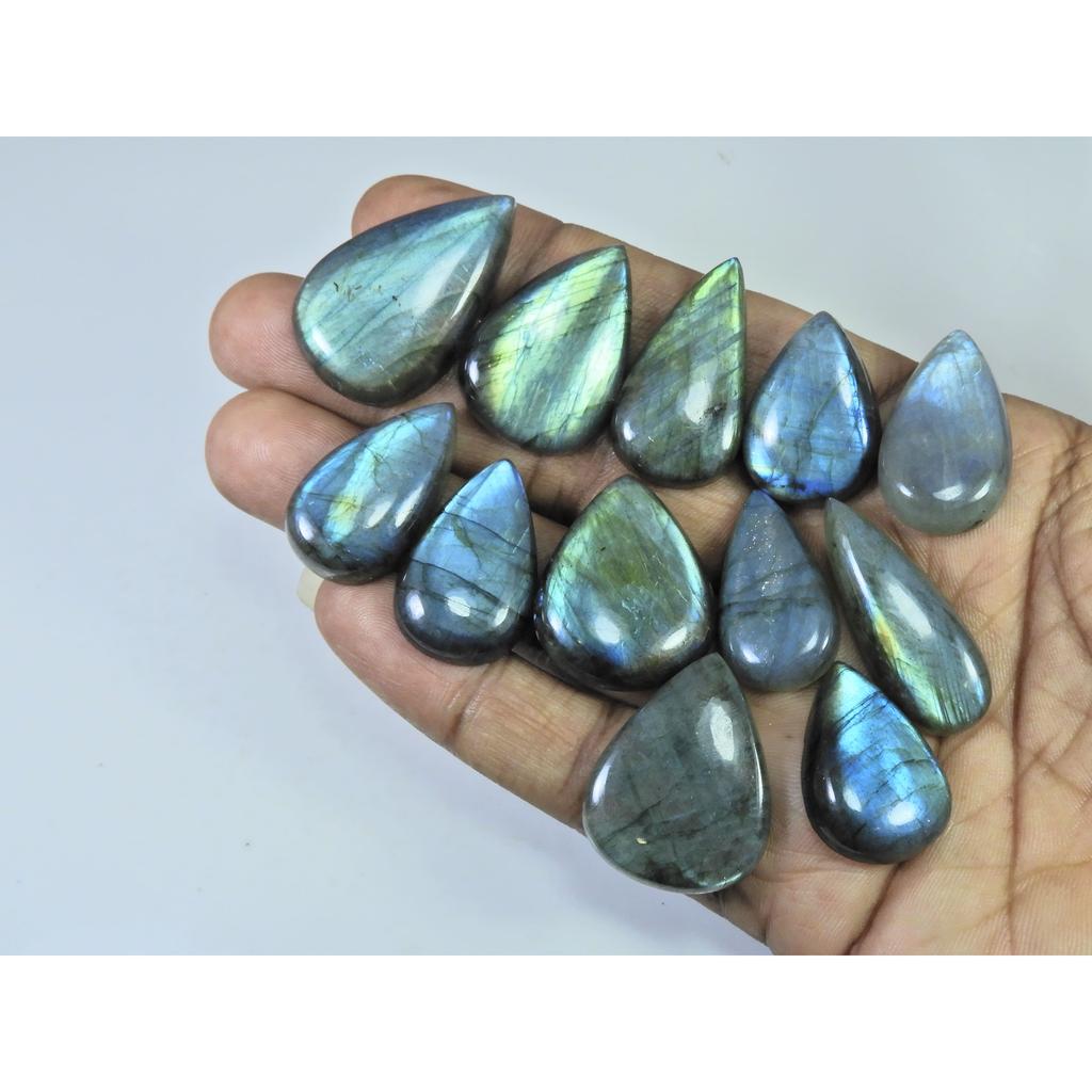 Natural Labradorite Green Multi Fire Pear Cabochon Loose Gemstone 12Pcs Lot LL-1104