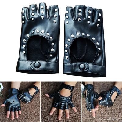Damen Leder Halbfinger Nieten Streetdance Handschuhe