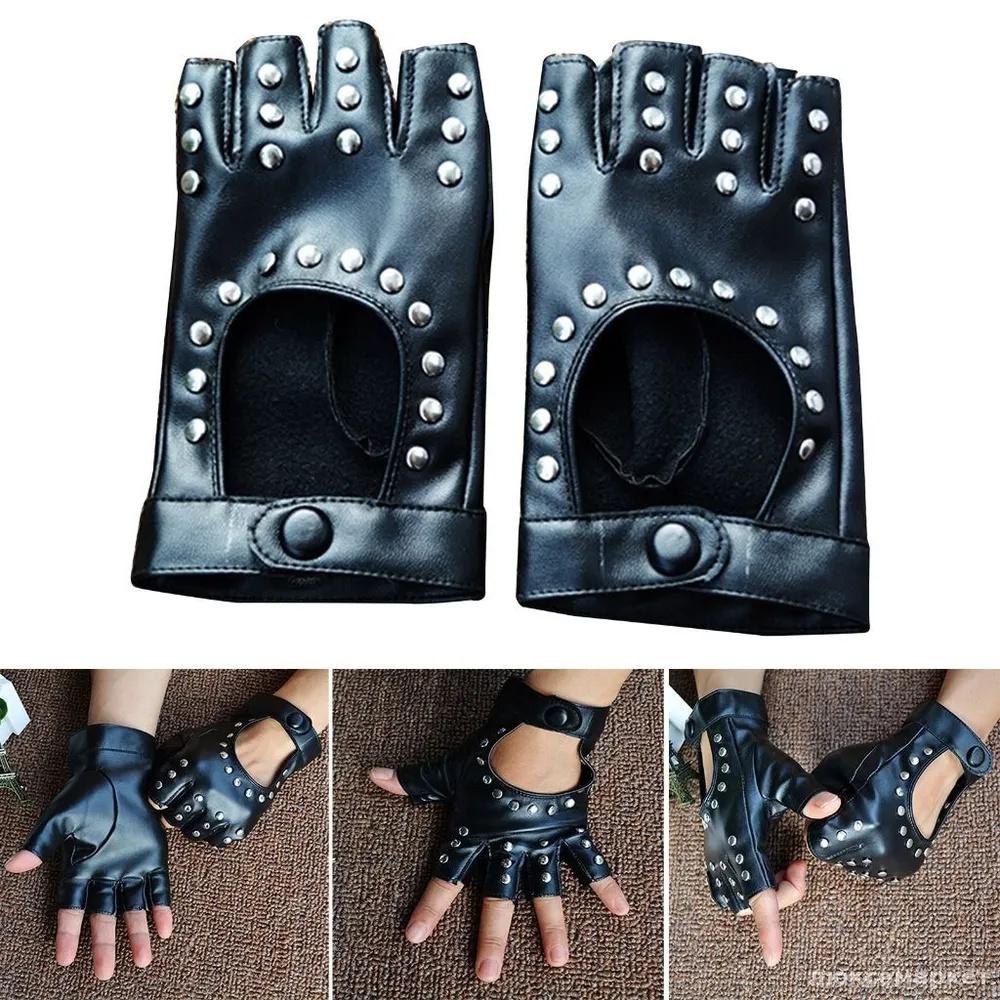 Damen Leder Halbfinger Nieten Streetdance Handschuhe